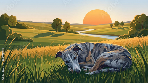 Dog Sleeping in Green Grass Field.