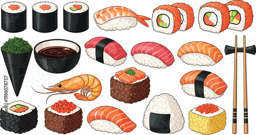 Sushi and Japanese Food Illustration Set with Nigiri Maki Rolls Onigiri Shrimp and Chopsticks for Restaurant Menu and Asian Cuisine Design Collection