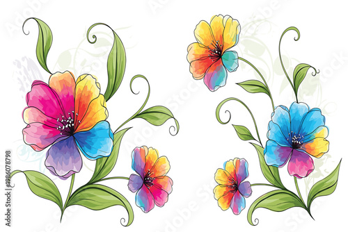 Vibrant Floral Garland with Diverse Colorful Flowers and Leaves, Flat Design Vector Illustration on white background