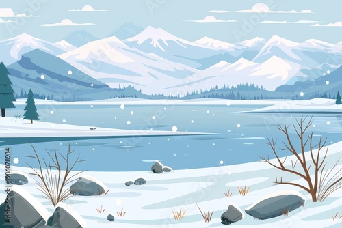Flat cartoon winter landscape with ice lake, mountains and trees, simple vector illustration with clean white space