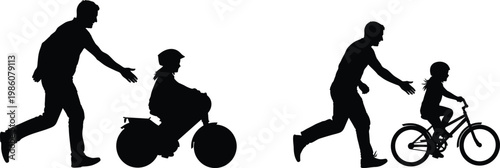 Family outing silhouettes of people walking and cycling outdoors