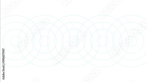 Multiple looping kaleidoscopic circles horizontally aligned. Circles with light blue outlines on a white background. Infinitely repeating, multiple concentric ripples. Copy space, 4K Motion Graphics