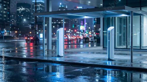 Rainy night cityscape modern building entrance with reflective pavement