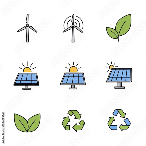 Clean vector icons of renewable energy on a isolated high detail professional commercial use