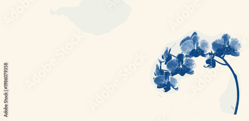 Elegant Blue Orchid Branch Illustration with Soft, Blended Background Tones