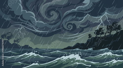 Stormy weather ocean waves crashing shore.