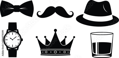 Black and white icons gentleman's accessories and regal symbols