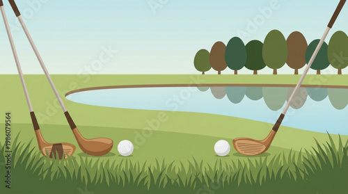 Golf Clubs and Balls on Grass.