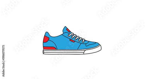 Minimalistic flat colored icon features a blue sneaker with bold red accents and white laces showcasing sharp clean vector outlines on a light backdrop.