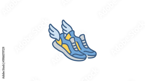 Dynamic athletic footwear featuring decorative white wings moves swiftly across a pristine white background with vibrant blue and yellow color accents.