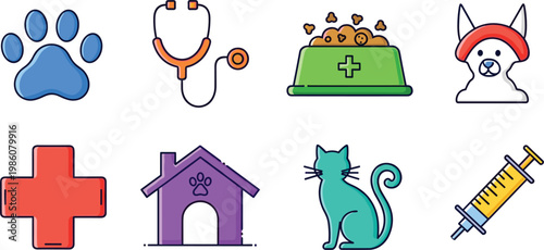 Veterinary and pet care icon set featuring paw stethoscope clinic cat dog vaccine and medical symbols collection