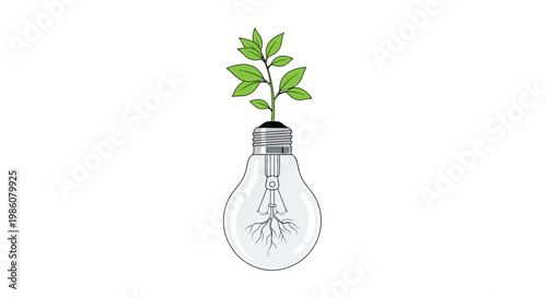 A vibrant green plant grows out of a transparent lightbulb revealing detailed roots inside the glass and fresh leaves on top against a white background.