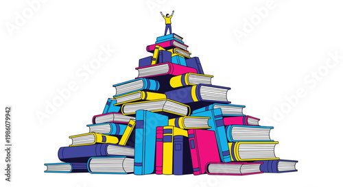 A tiny person stands triumphantly with raised arms atop a massive colorful pyramid of stacked books within a clean and bright white studio environment space.