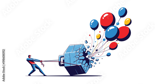 A determined person pulls a heavy cracking metallic box that releases colorful floating balloons against a clean white background with high contrast tones.