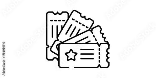 Black outline of a fan of tickets with a star on one ticket admission entry pass in white background