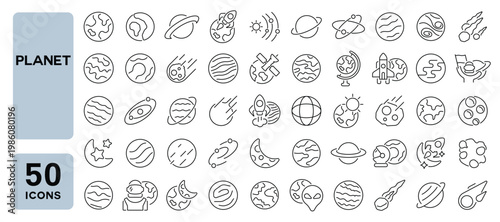 Set of 50 line icons related to planet, astronomy, planets, space, cosmos, asteroid, galaxy, solar system planets, Editable stroke. Vector illustration