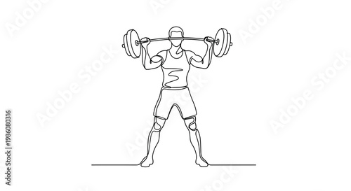 Single-line drawing of a person lifting a heavy barbell overhead emphasizing the muscular form and balanced stance on a bright clean white background.