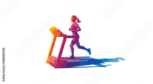 An energetic female athlete jogs on a modern treadmill while displaying a brilliant multi-colored gradient texture against a stark white studio environment.