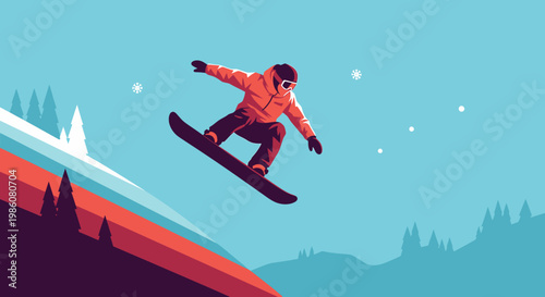 A vibrant minimalist illustration of a snowboarder performing a jump against a stylized mountain landscape and blue sky.