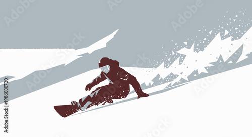 A stylized illustration of a snowboarder carving down a snowy mountain slope, kicking up snow.