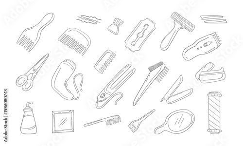 barber icon, hand drawn barbershop icon, doodle barber equipment icon set