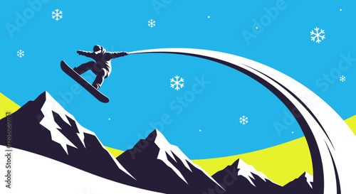 Dynamic illustration of a snowboarder mid-air, performing a jump over snow-capped mountains under a clear blue sky with falling snowflakes.