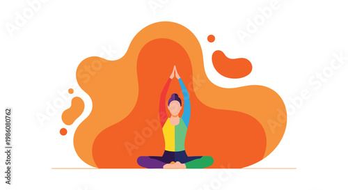 Person performs a yoga pose in the center surrounded by soft flowing organic orange shapes in a bright and clean white environment with a calm atmosphere.