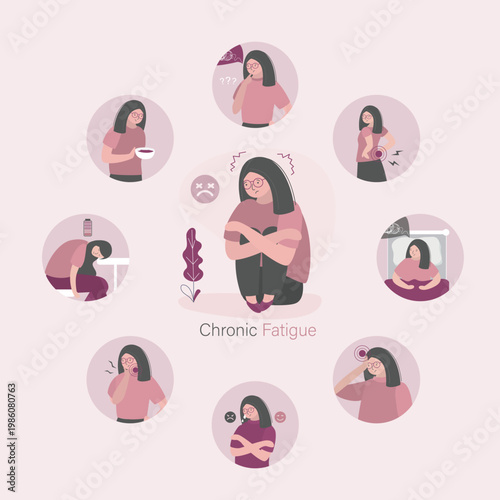 Chronic fatigue symptomes icons. Chronic fatigue syndrome infographic. Unhappy woman with low battery. Tired girl. Effects of chronic stress cause illness.