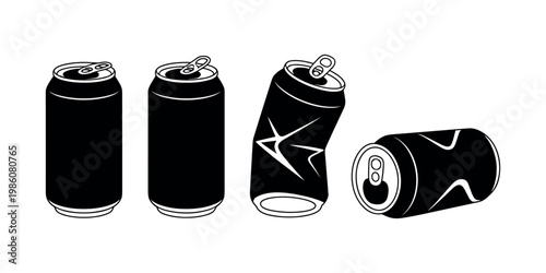 Four black beverage cans one dented and one lying down on white background drink soda energy drink