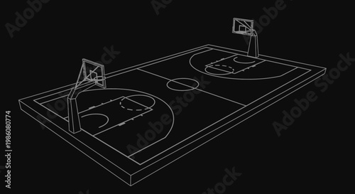 Wireframe drawing of a basketball court with hoops and markings on a dark background.