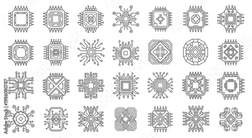A comprehensive collection of abstract line art designs depicting various microchips, integrated circuits, and electronic processor components.