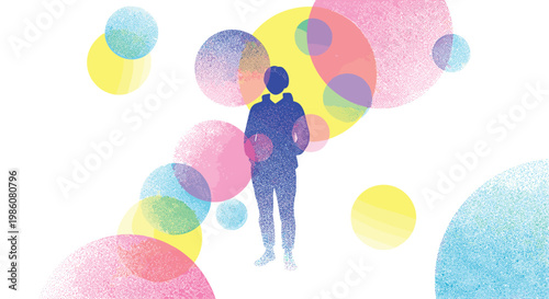 Person stands still surrounded by floating translucent multi-colored circles with a grainy textured effect in a bright and clean white studio environment.