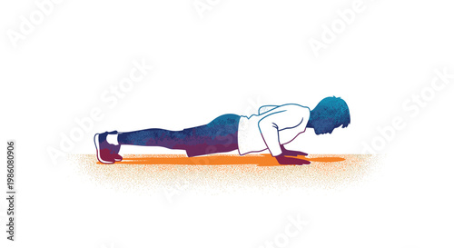 Side-profile illustration of a person performing a pushup rendered with a grainy texture and a vibrant blue-to-orange gradient on a clean white floor.