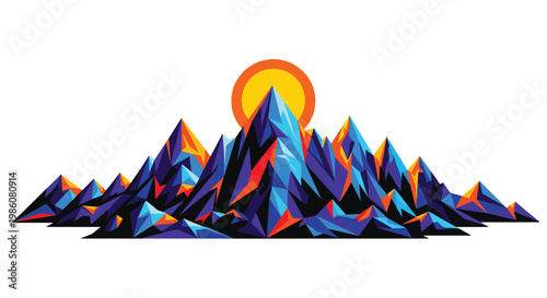 Jagged mountain range rendered in a vibrant multi-colored polygonal style with a large warm orange sun behind it in a bright and clean white environment.