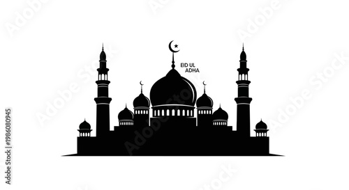 EID -UL ADHA Mosque silhouette, Islamic architecture, black vector icon, religious building, crescent moon vector