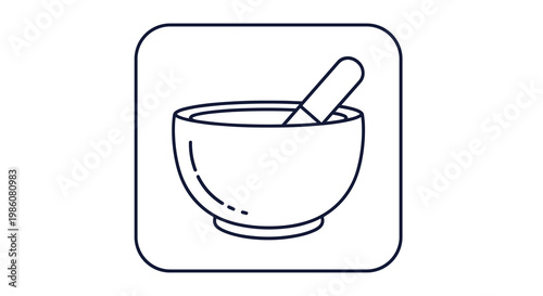 Monochromatic line art icon of a meditation bowl with a pestle inside enclosed within a clean rounded square border on a soft light gray studio backdrop.