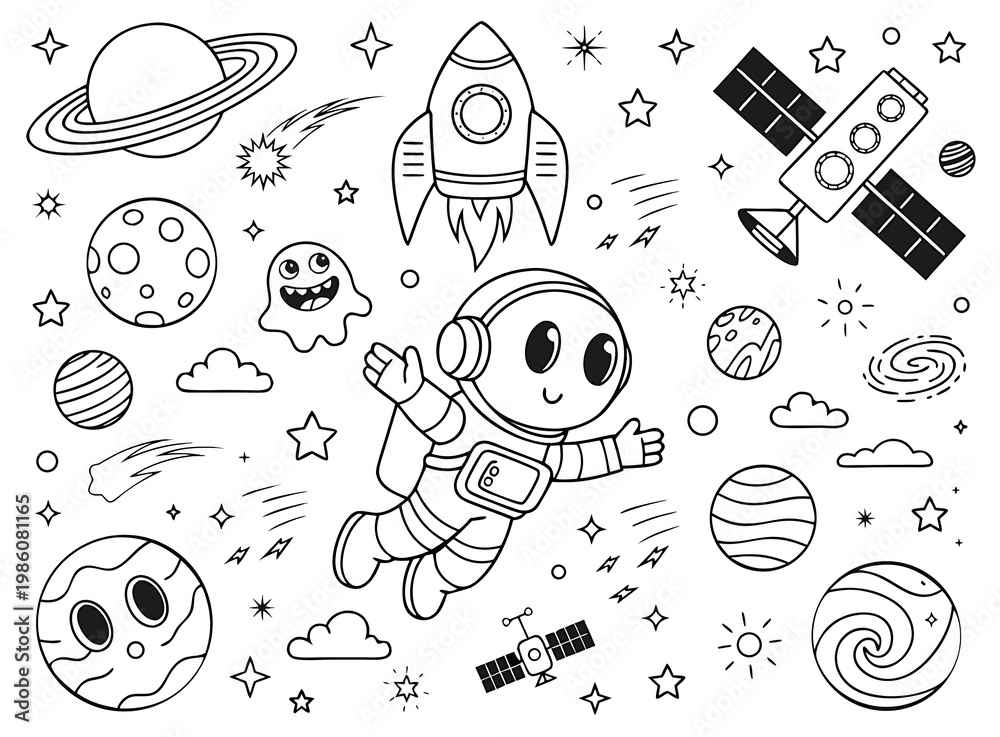 Obraz premium Cute Space Coloring Page with Cartoon Astronaut Rocket Planets and Stars Outline Illustration