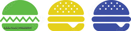 Three stylized hamburgers with distinct colors and patterns on buns