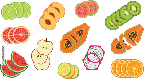 Fresh Fruit Slice Vector Collection with Citrus, Apple, Watermelon, Papaya, Kiwi, Dragon Fruit, and Apricot for Healthy Food Design and Summer Projects