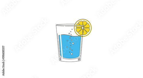 A clear glass filled with sparkling blue liquid and a bright yellow lemon slice sits in a crisp studio setting featuring cool light and vibrant tones.