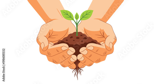 Two hands gently cup a small green seedling with visible roots growing in dark soil against a soft and bright light peach colored minimalist background.