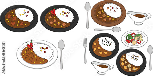 Japanese Curry Rice Meal Set with Sauce Gravy Boat and Salad Plates Showing Different Serving Styles for Restaurant Menu and Traditional Food Design Collection