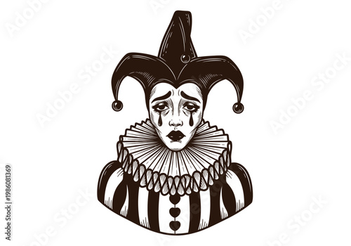 Vintage Sad Jester Harlequin Illustration - Melancholic Clown Tattoo Design in Engraving Style