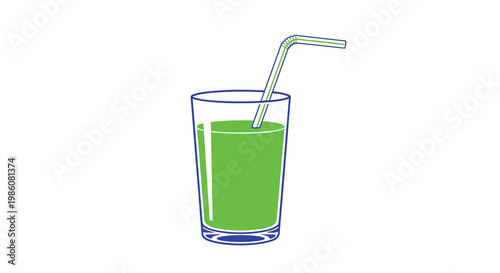A simple glass filled with bright green liquid and a striped straw is outlined in a bold blue stroke against a pristine white studio background.