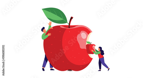 Two tiny figures interact with a massive glossy red apple while one individual holds a smaller bitten piece in a bright minimalist white environment.