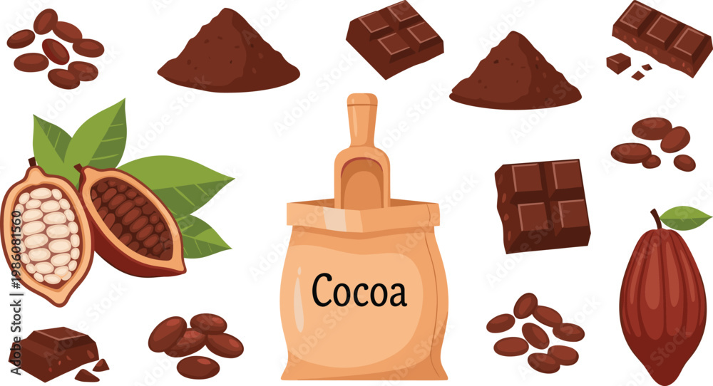 Obraz premium Cocoa and Chocolate Ingredient Set Illustration with Beans Powder Bars and Cacao Pods for Dessert Production and Food Ingredient Design Collection