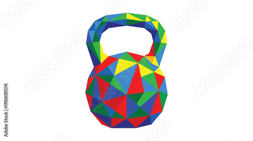 A heavy kettlebell constructed from numerous multicolored geometric triangles showcases a sharp faceted low poly aesthetic against a crisp white background.