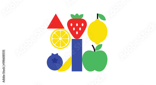 A balanced arrangement of vibrant geometric fruit shapes including a strawberry, lemon, and apple rests against a clean and bright light neutral background.