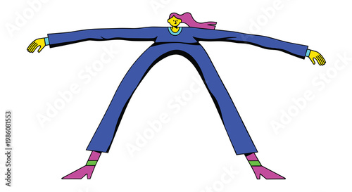 A stylized human figure with exaggerated long arms and legs performs a wide stretching pose against a clean and bright light purple minimalist background.