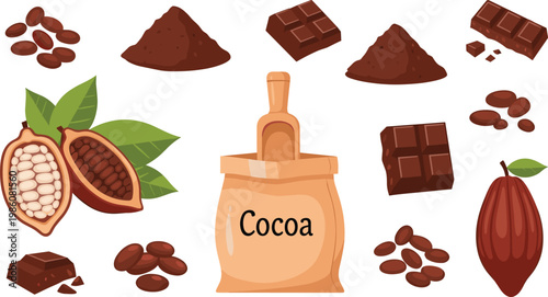 Cocoa and Chocolate Ingredient Set Illustration with Beans Powder Bars and Cacao Pods for Dessert Production and Food Ingredient Design Collection